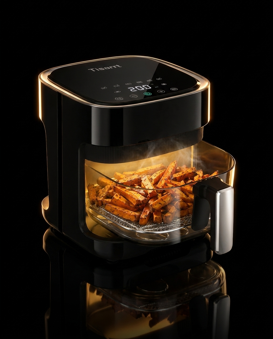 Glass Air Fryer TISARRT sobre fondo negro